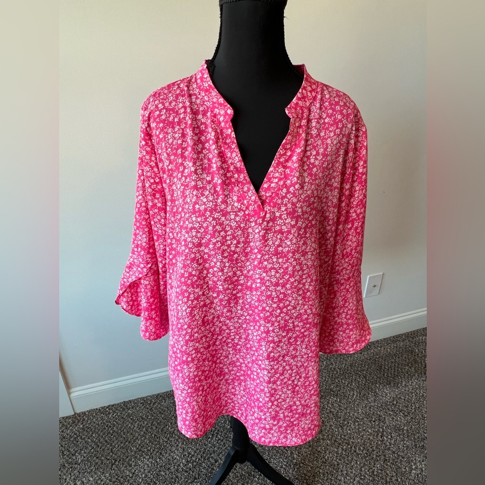 Gaharu Women's Ditsy Floral Top V Neck Chiffon Blouse 3/4 Sleeve Pink Large - Picture 5 of 11